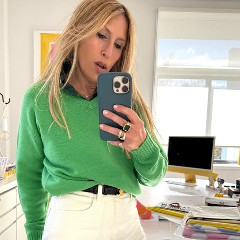 Frenchy cashmere v-neck patchwork pullover grass green sweater - Cute designer cashmere women's sweaters by Kerri Rosenthal