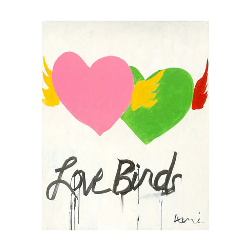 Colorful Birds of a Feather modern wall art painting based on Kerri's love of love and featuring her iconic imperfect hearts—unique heart with wings artwork for living room decor
