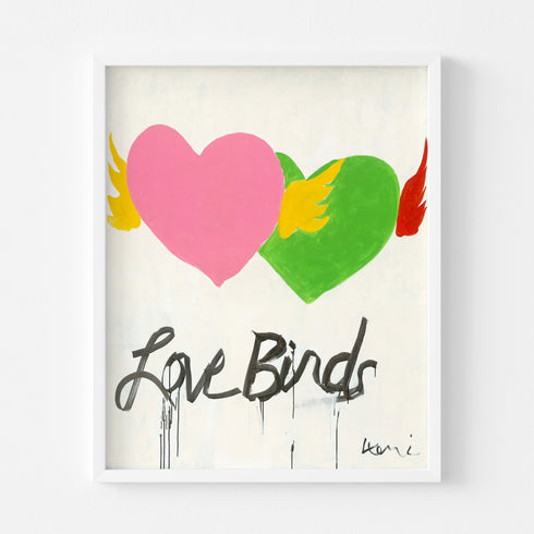Colorful Birds of a Feather modern wall art painting based on Kerri's love of love and featuring her iconic imperfect hearts—unique heart with wings artwork for living room decor