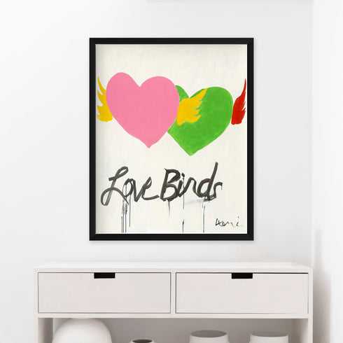 Colorful Birds of a Feather modern wall art painting based on Kerri's love of love and featuring her iconic imperfect hearts—unique heart with wings artwork for living room decor