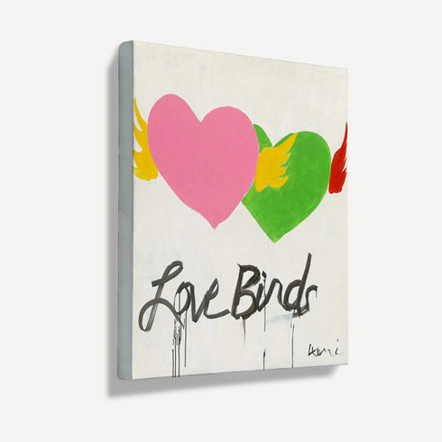 Colorful Birds of a Feather modern wall art painting based on Kerri's love of love and featuring her iconic imperfect hearts—unique heart with wings artwork for living room decor
