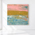 Last Light in Malibu, an abstract painting of a pink sky, golden shore, and textured turquoise water, on a white wall.