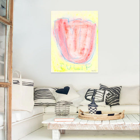 La yellow red wall hung abstract tulip art - Shop abstract artwork decor for the living room by Kerri Rosenthal.