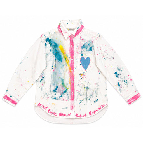 White button-down shirt hand-painted with abstract blue and yellow brushstrokes, pink paint-splattered placket and cuffs, blue heart on chest pocket, and 'Heart Eyes' script along the hem — Kerri Rosenthal wearable art