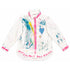 White button-down shirt hand-painted with abstract blue and yellow brushstrokes, pink paint-splattered placket and cuffs, blue heart on chest pocket, and 'Heart Eyes' script along the hem — Kerri Rosenthal wearable art
