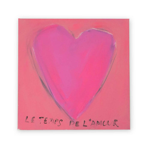 Original tonal pink heart painting inscribed LE TEMPS DE L'AMOUR, soft brushwork in fuchsia against a salmon canvas