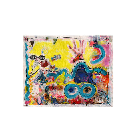 Colorful abstract painting with various shapes and patterns on a white background