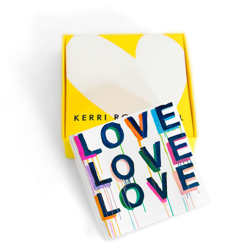 Love on Repeat Block of Love by Kerri Rosenthal. Blocks of Love are signed, mini editions of Kerri Rosenthal's word artwork mounted on 3/4" plexiglass acrylic block