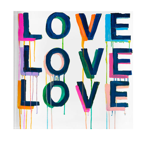 Love on Repeat Block of Love by Kerri Rosenthal. Blocks of Love are signed, mini editions of Kerri Rosenthal's word artwork mounted on 3/4" plexiglass acrylic block