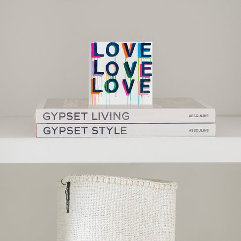 Love on Repeat Block of Love by Kerri Rosenthal. Blocks of Love are signed, mini editions of Kerri Rosenthal's word artwork mounted on 3/4" plexiglass acrylic block