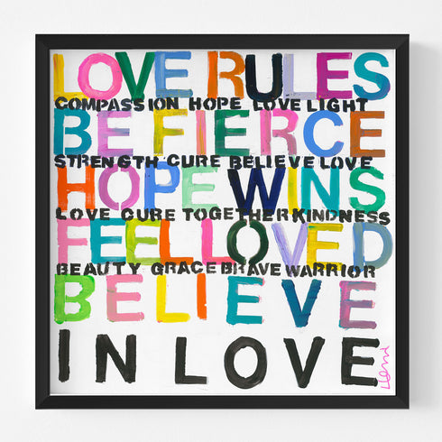 Set up your room with vibrant colors using the 'Love Rules' art print word wall framed artwork by Kerri Rosenthal