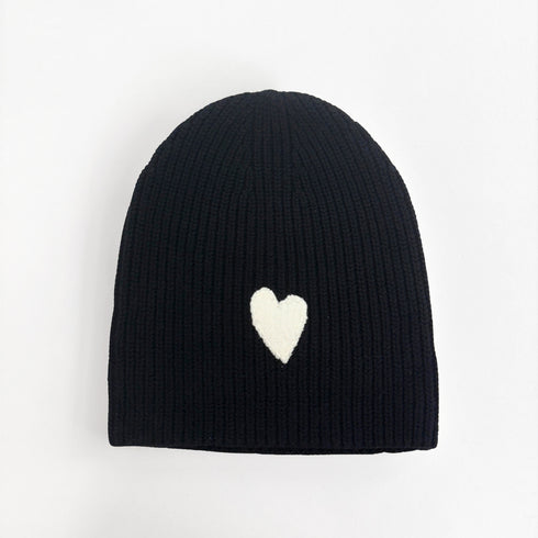 Love black beanie in a cotton-cashmere blend with a white heart patch - Shop cute women’s beanies hats by Kerri Rosenthal