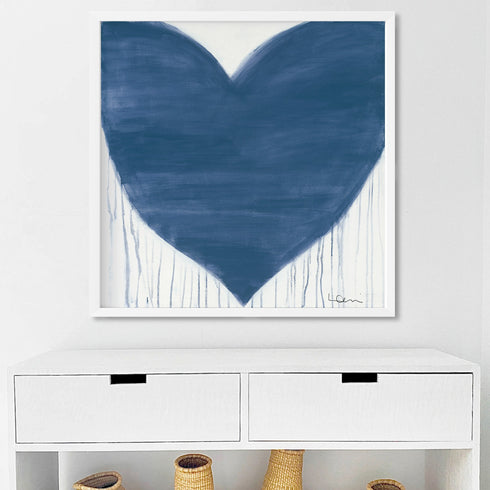 Love’s Essence white framed wall art print blue Drippy Heart original artwork by Kerri Rosenthal