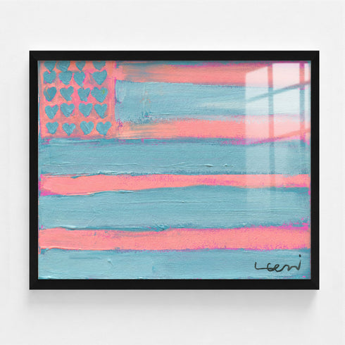 Abstract pastel flag painting in black wood frame, pink and blue horizontal stripes with heart motif stars, hand-painted canvas art