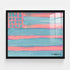 Abstract pastel flag painting in black wood frame, pink and blue horizontal stripes with heart motif stars, hand-painted canvas art