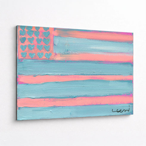 Close angled perspective of pastel flag canvas art, highlighting textured brushwork and dimensional wrapped edges