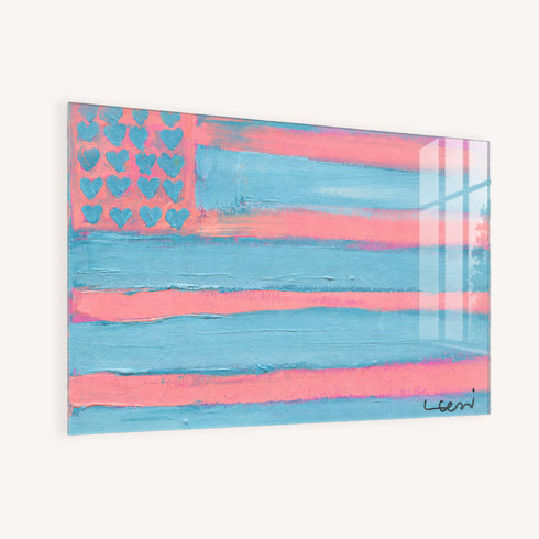 Alternate side angle view of pastel abstract flag painting, showing gallery-wrap canvas edge with pink and blue striped design and heart stars