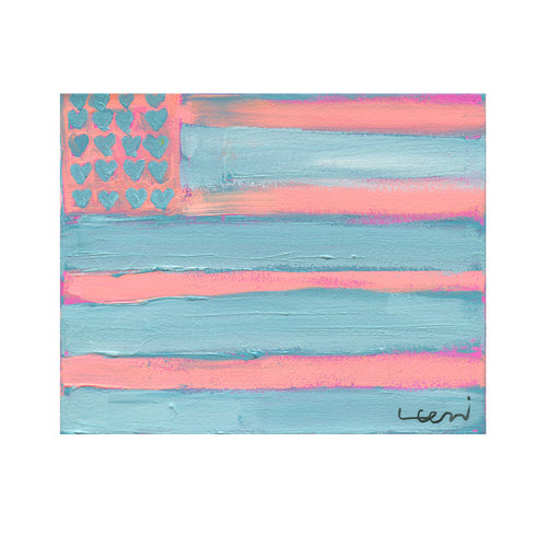 Kerri Rosenthal abstract American flag painting in pastel pink and blue, heart-shaped stars in upper corner replacing traditional stars, textured brushstroke stripes on canvas