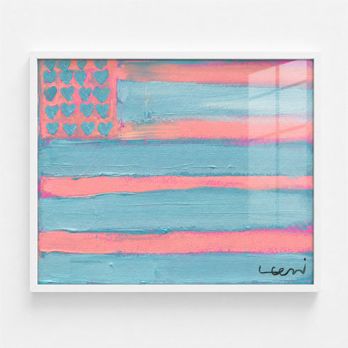 Abstract pastel flag painting in white wood frame, pink and blue horizontal stripes with heart motif stars, hand-painted canvas art