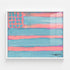Abstract pastel flag painting in white wood frame, pink and blue horizontal stripes with heart motif stars, hand-painted canvas art