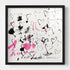 Abstract black and pink heart painting in black wood frame, gestural hand-drawn hearts and paint splatter with "I Am Love" lettering