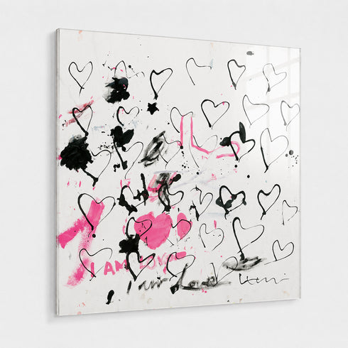 Alternate angled perspective of abstract heart painting, highlighting dimensional canvas edge with black line hearts and pink paint accents