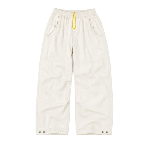 Close-up of natural white drawstring pants product flat by Kerri Rosenthal