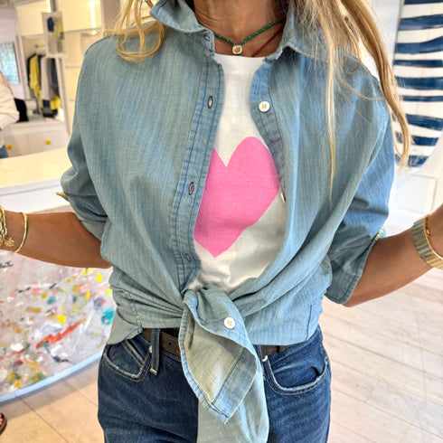 Love On Repeat blue denim button-up shirt with Love printed graphic - Cute women's denim shirts by Kerri Rosenthal