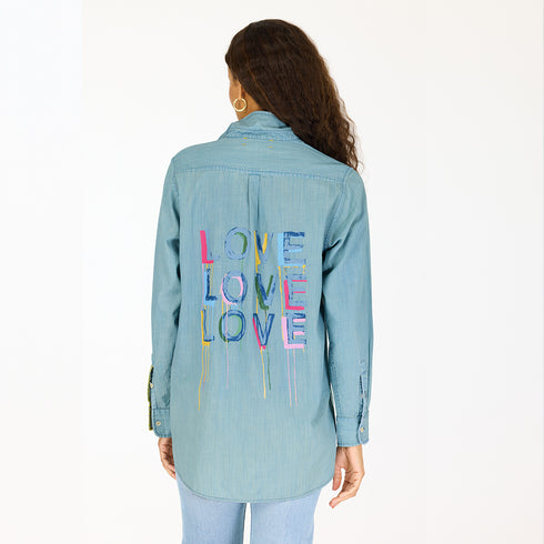 Love On Repeat blue denim button-up shirt with Love printed graphic - Cute women's denim shirts by Kerri Rosenthal