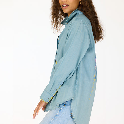 Love On Repeat blue denim button-up shirt with embroidered tiny yellow heart - Cute women's denim shirts by Kerri Rosenthal