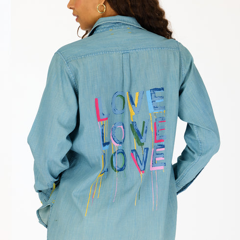 Love On Repeat blue denim button-up shirt with Love printed graphic - Cute women's denim shirts by Kerri Rosenthal