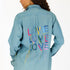 Love On Repeat blue denim button-up shirt with Love printed graphic - Cute women's denim shirts by Kerri Rosenthal