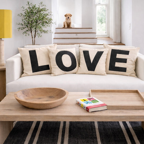 Love black-beige throw pillow set on couch - Cute decorative square throw pillows by Kerri Rosenthal