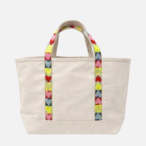 Love brigade multicolor tote in 100% cotton canvas with 'Love Brigade' tape embroidered by Kerri Rosenthal