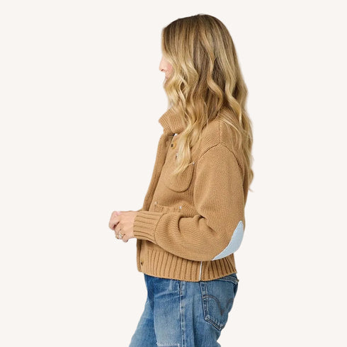 Love cotton knit beige button-down bomber jacket with contrast elbows by Kerri Rosenthal