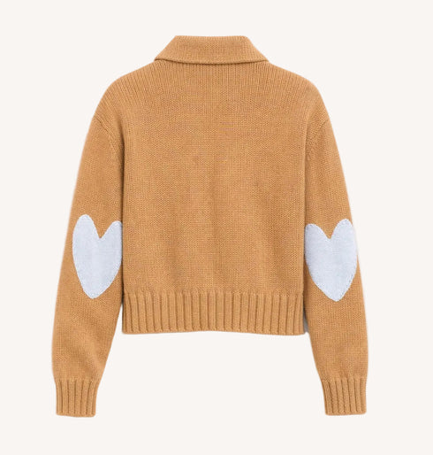 Love cotton knit beige button-down bomber jacket with contrast elbows by Kerri Rosenthal