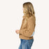 Love cotton knit beige button-down bomber jacket with contrast elbows by Kerri Rosenthal