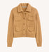 Love cotton knit beige button-down bomber jacket with contrast elbows and double pockets by Kerri Rosenthal