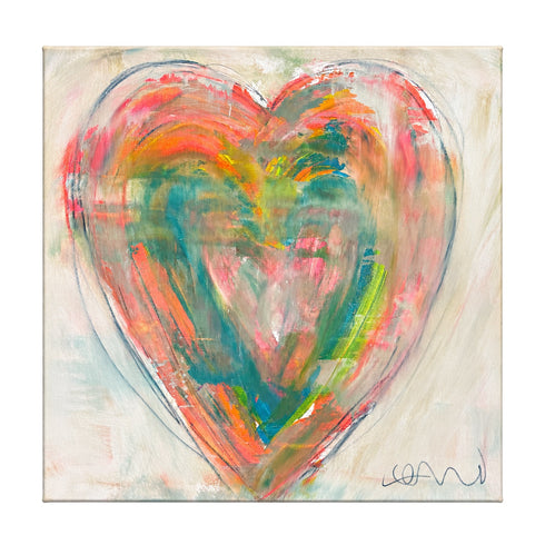 Love in Soft Focus, an original heart painting in coral, orange, and teal on a cream canvas