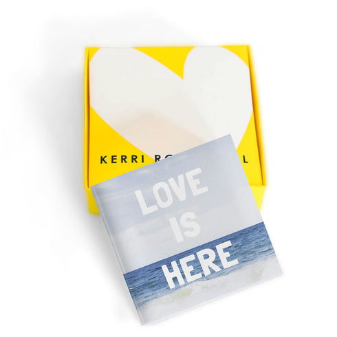 Blue white Love is Here Block of Love Acrylic Mini Word Art by Kerri Rosenthal's artwork mounted on 3/4" plexiglass acrylic block - Unique artwork for living room decor