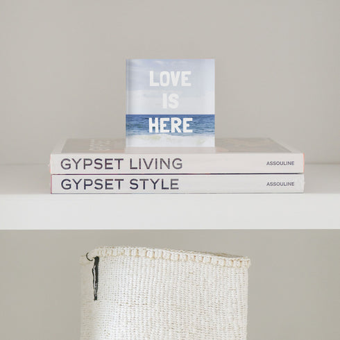 Blue white Love is Here Block of Love Acrylic Mini Word Art by Kerri Rosenthal's artwork mounted on 3/4" plexiglass acrylic block - Unique artwork for living room decor