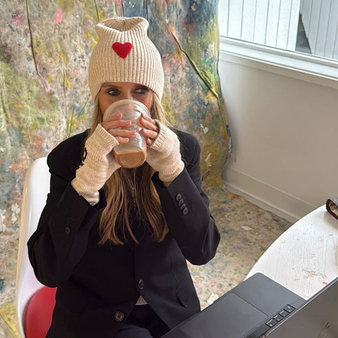 Love natural beanie in a cotton-cashmere blend with a red heart patch and natural smittens fingerless gloves - Shop cute women’s beanies hats by Kerri Rosenthal