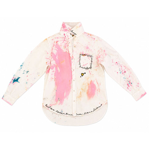 White button-down shirt hand-painted with pink and blue abstract brushstrokes, a pocket outlined in 'Love' script with an arrow-through-heart accent, and repeating 'Love' script along the hem — Kerri Rosenthal wearable art