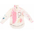 White button-down shirt hand-painted with pink and blue abstract brushstrokes, a pocket outlined in 'Love' script with an arrow-through-heart accent, and repeating 'Love' script along the hem — Kerri Rosenthal wearable art