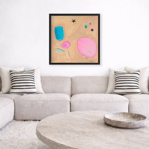 Lucky Star multicolor abstract wall art print with throw pillows on couch - Shop unique wall artwork decor for the living room by Kerri Rosenthal