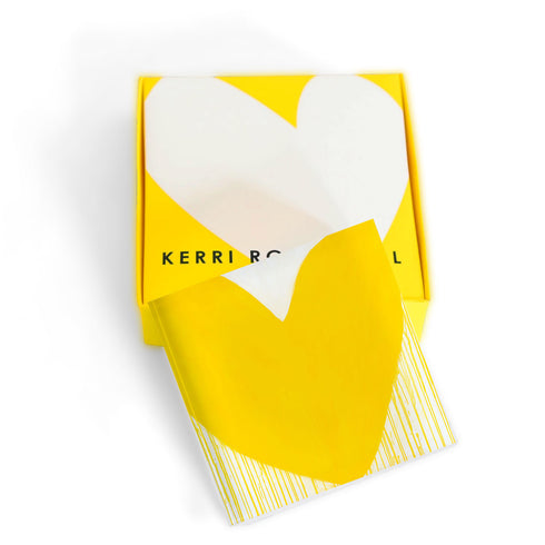 Yellow Mad Love Drippy Heart Block of Love by Kerri Rosenthal. Blocks of Love are signed, mini editions of Kerri Rosenthal's artwork mounted on 3/4" plexiglass acrylic block