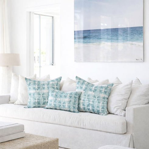 Magic Patchwork turqs blue square and rectangular lumbar decorative throw pillows by Kerri Rosenthal