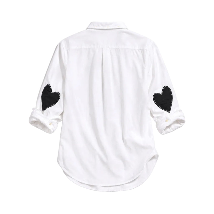 White Mia long sleeve button-up shirt with black heart patch elbow sleeves by Kerri Rosenthal, additional view
