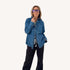 Mia cotton denim blue button-down shirt with white heart elbow patches and a tiny embroidered heart - Cute women's shirts by Kerri Rosenthal