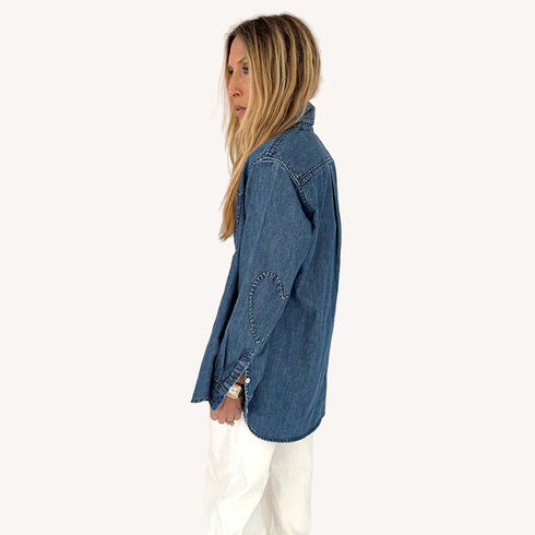 Mia cotton denim blue button-down shirt with white heart elbow patches and a tiny embroidered heart by Kerri Rosenthal